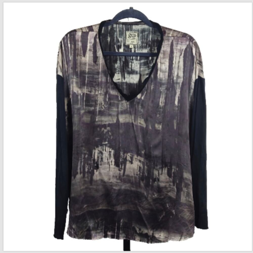 Go By Gosilk Iconic Tee Vee Top Silk Charmeuse Black Gray Medium